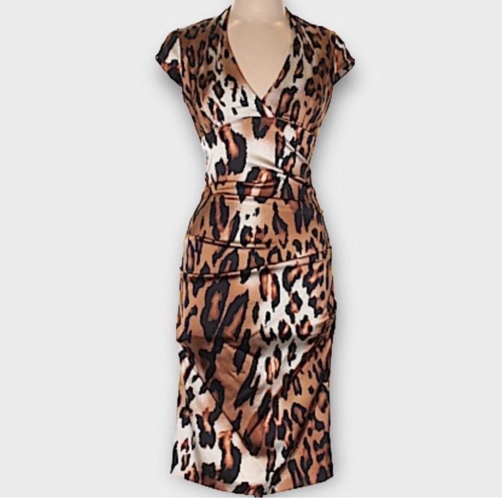 Cache Womens Dress Size 6 Sheath Ruching Leopard Animal Print Cap Sleeve Mobwife